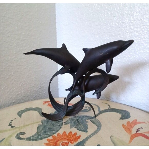 Vintage Dancing Dolphins Bronze Wave Base MCM Sculpture Patina Swimming Dolphins - Picture 2 of 12